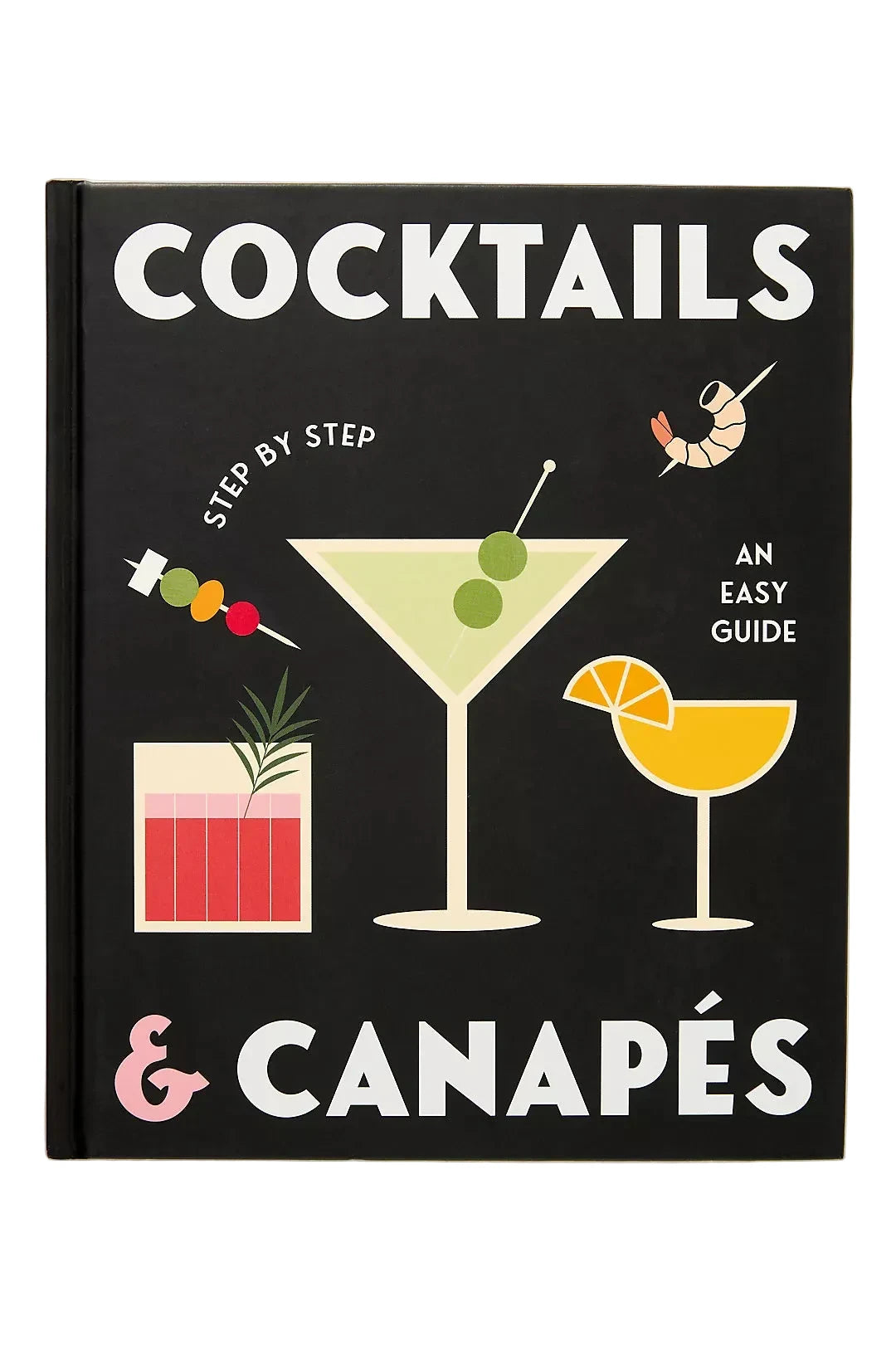 Book titled 'Cocktails & Canapés' with cocktail illustrations on a black background