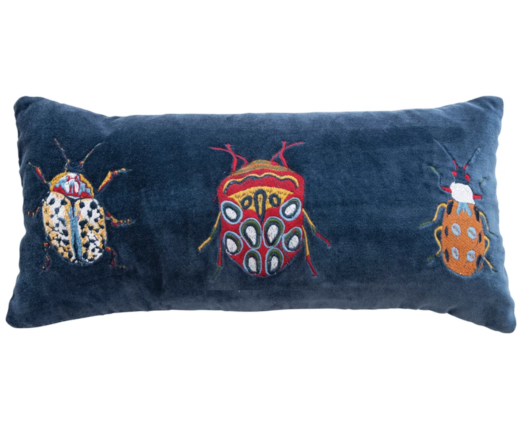 Cotton Velvet Embroidered Lumbar Pillow w/ Beetles & Chambray Back, Multi Color In Stock