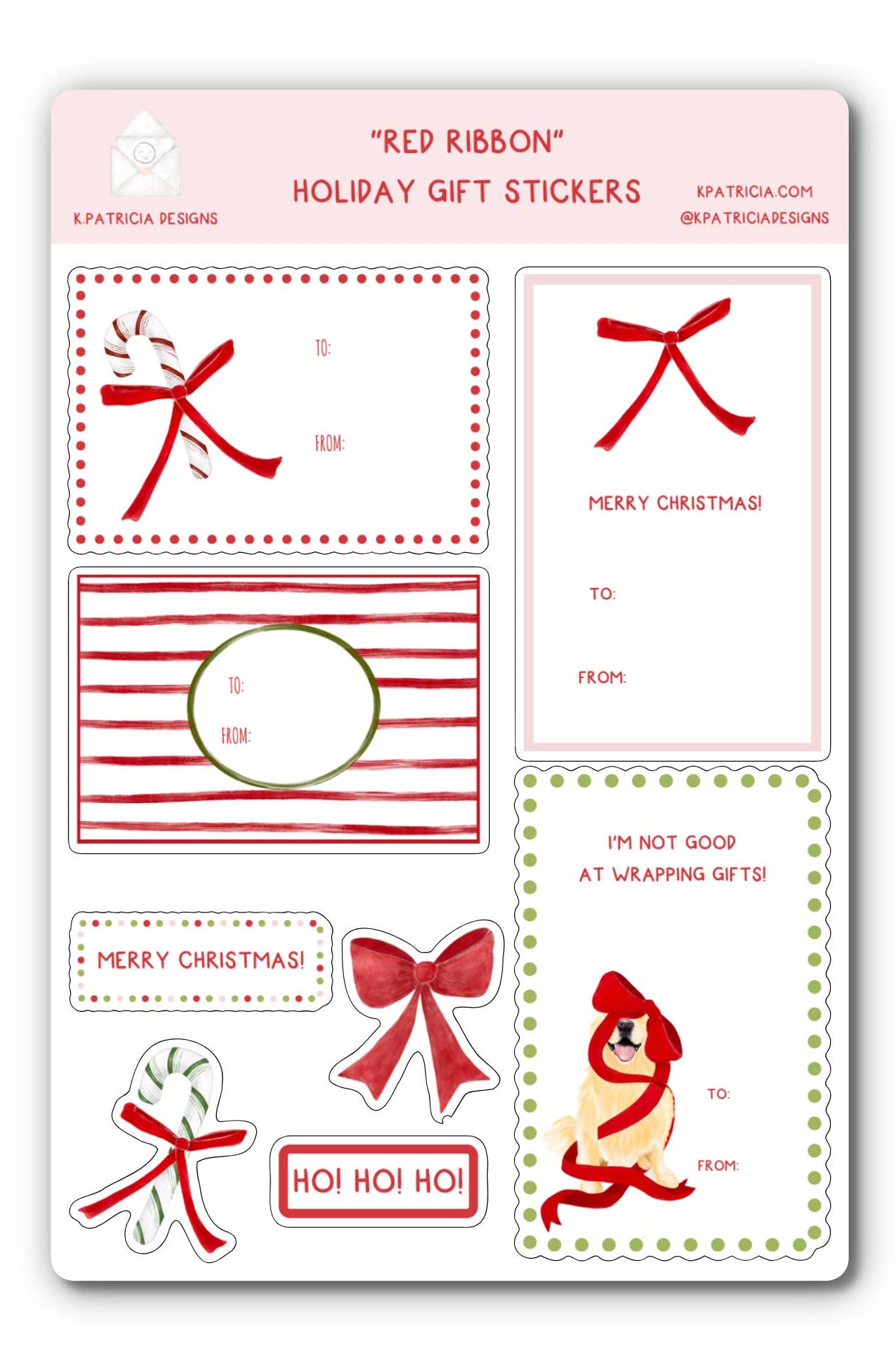 A sheet of KpaTecia Designs 'Red Ribbon' holiday gift stickers featuring red bows, stripes, and Christmas-themed labels on a white background.