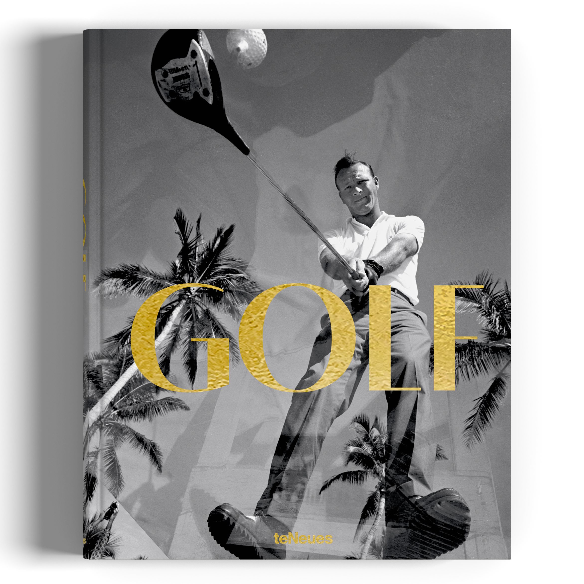 Book cover with a golfer and palm trees, featuring the word 'GOLF' in gold.