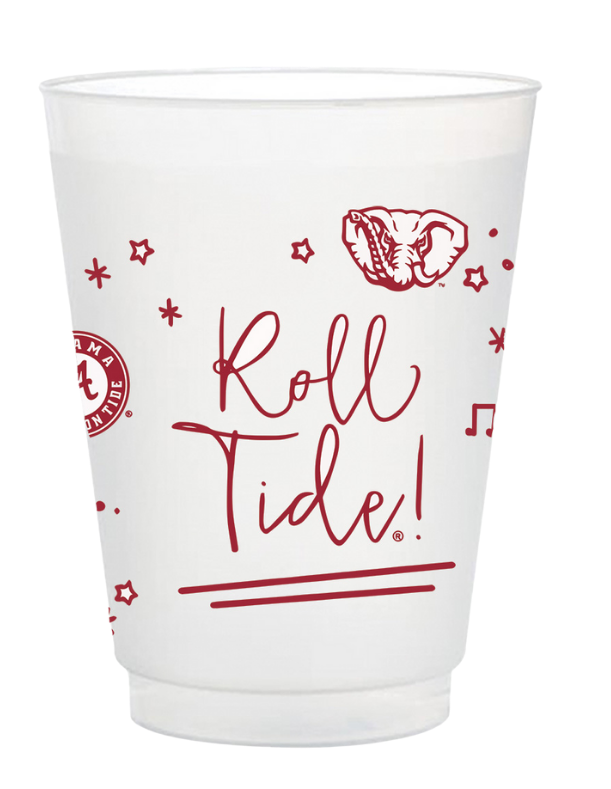 A clear plastic party cup with red printed graphics and the words 'Roll Tide!' on a white background.