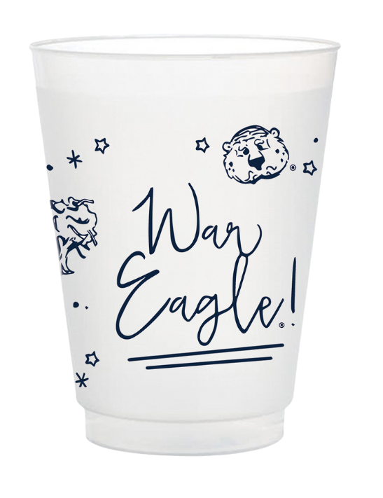 White cup with 'War Eagle!' text and lion graphics on a white background