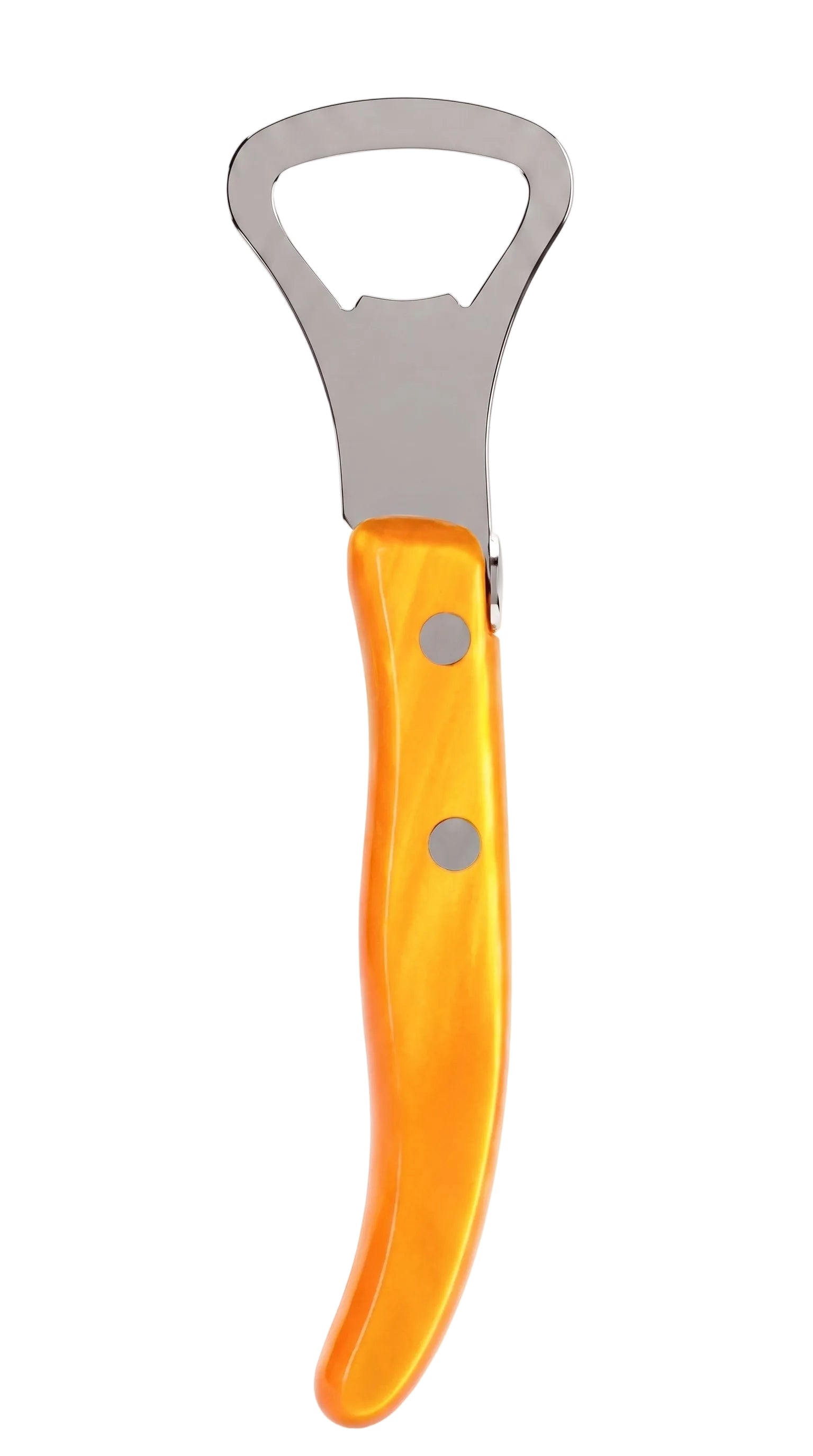 A novelty bottle opener with a curved, glossy orange handle and a silver metal blade, shown on a plain white background.