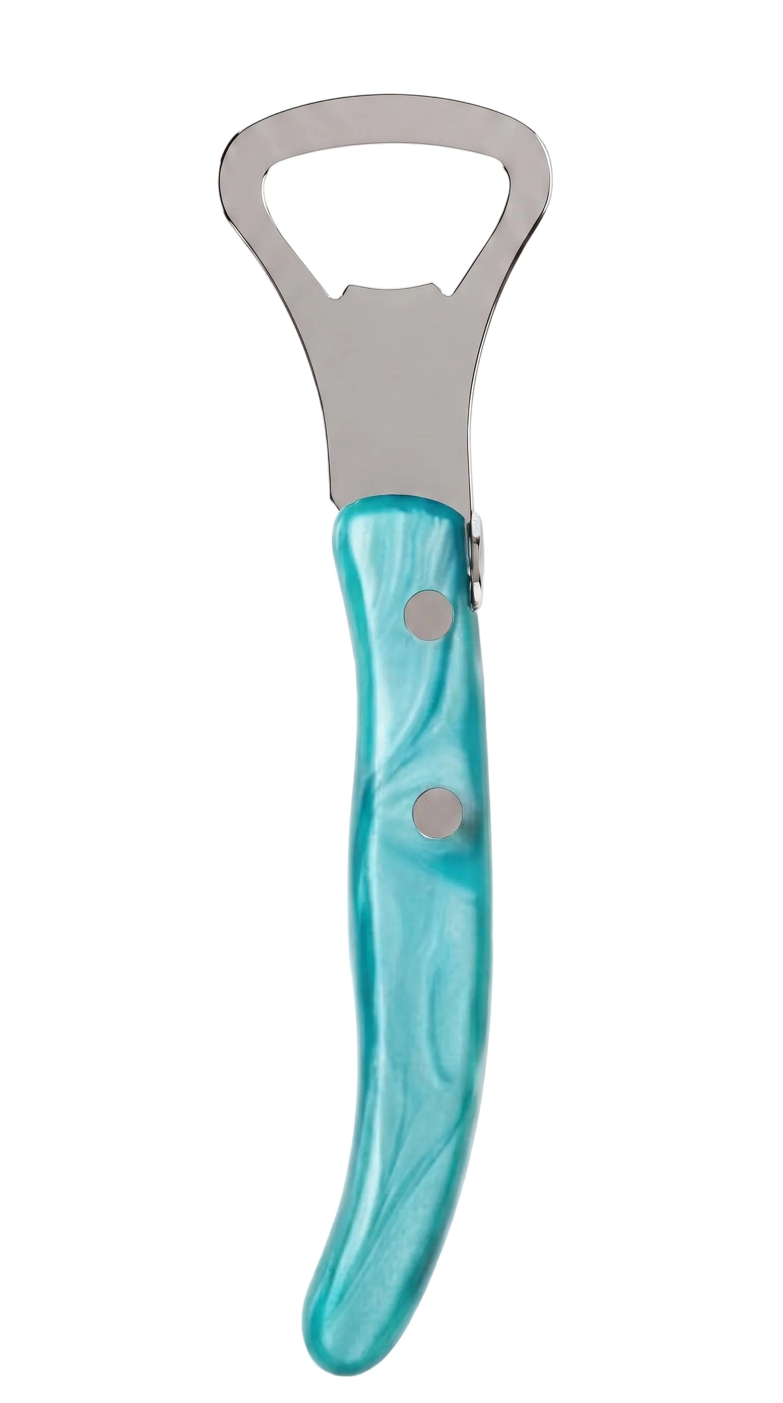 A bottle opener with a silver metal head and a curved handle made of marbled turquoise resin, shown on a plain white background.