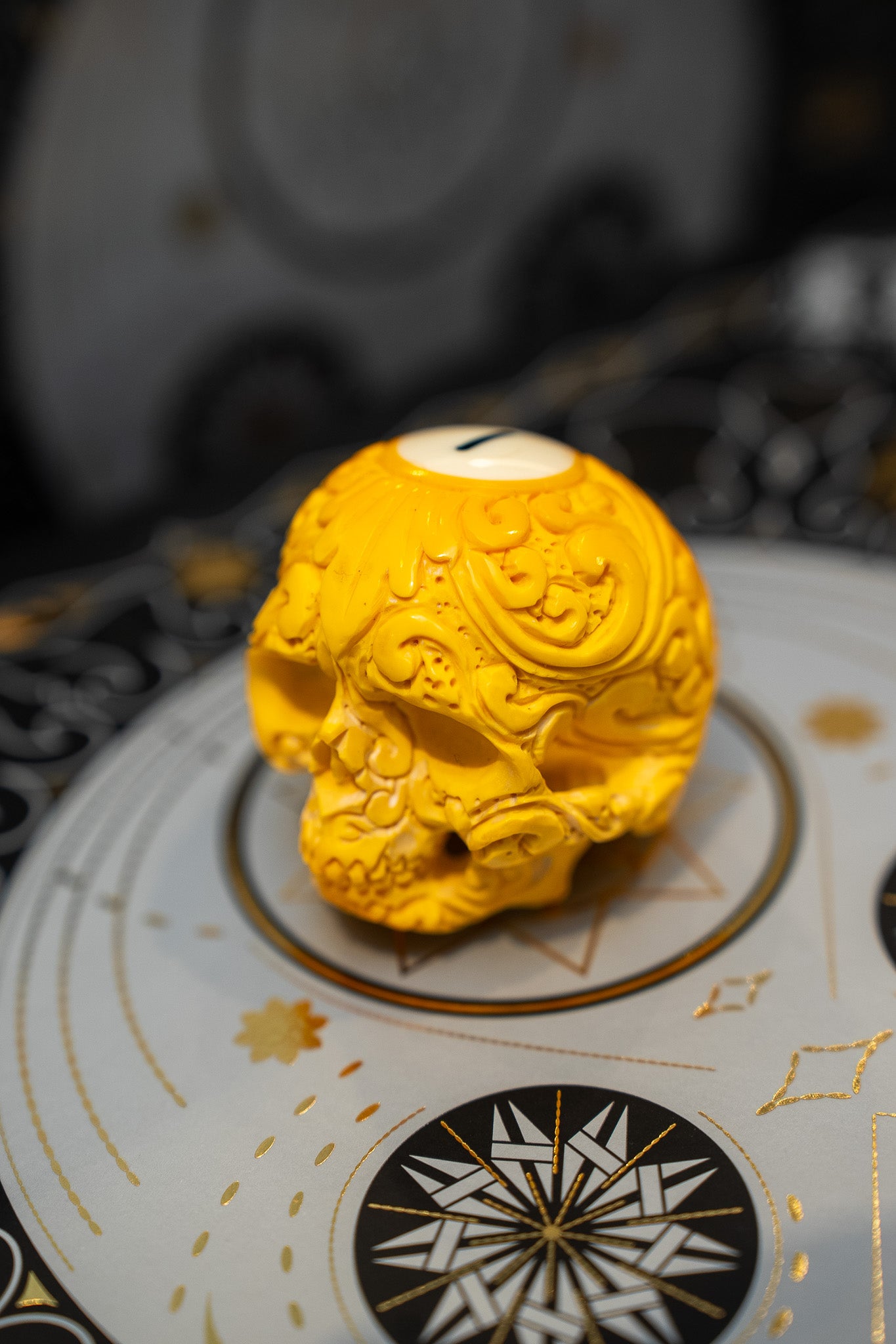 Scroll Carved Skull Pool Ball Yellow
