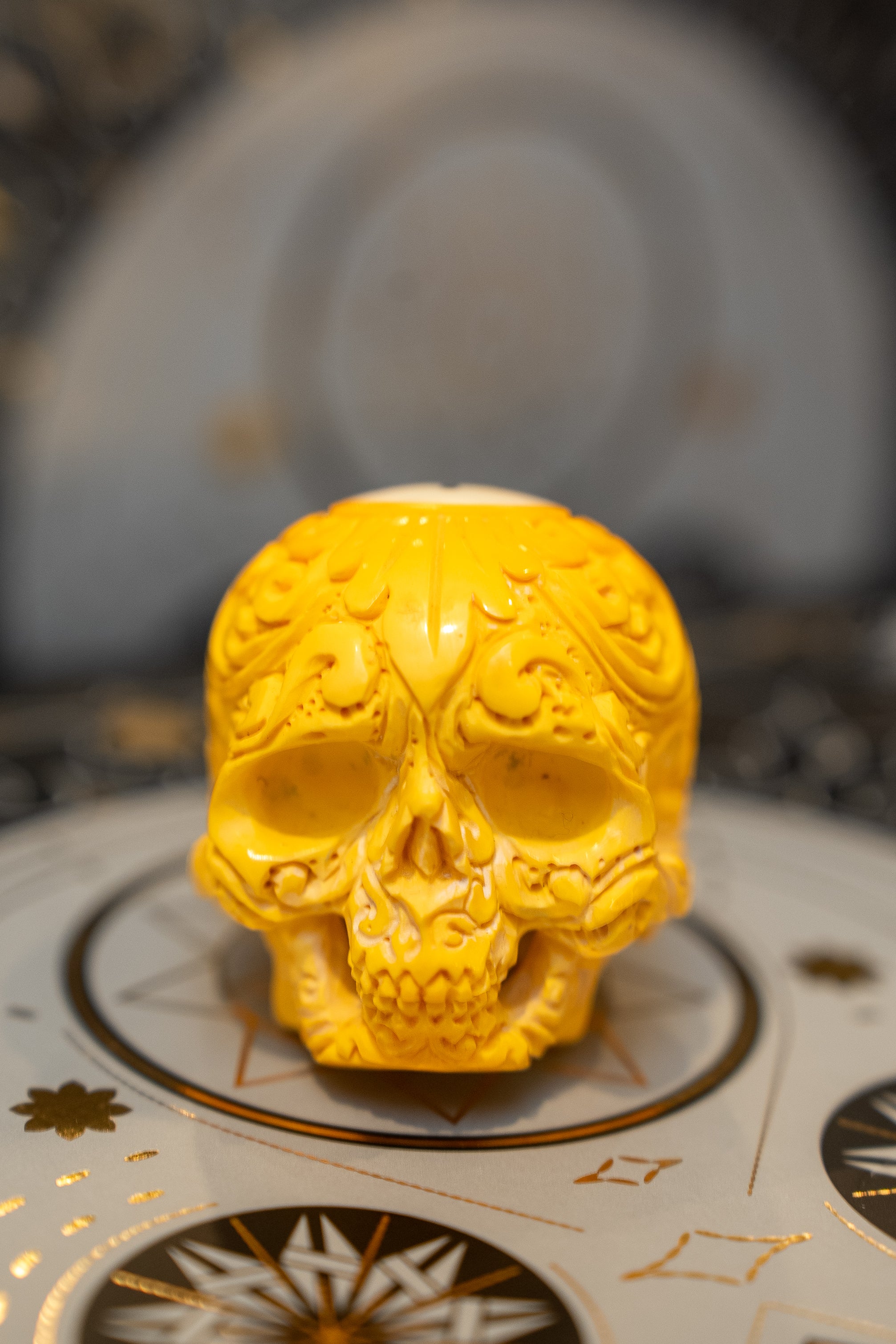 Scroll Carved Skull Pool Ball Yellow