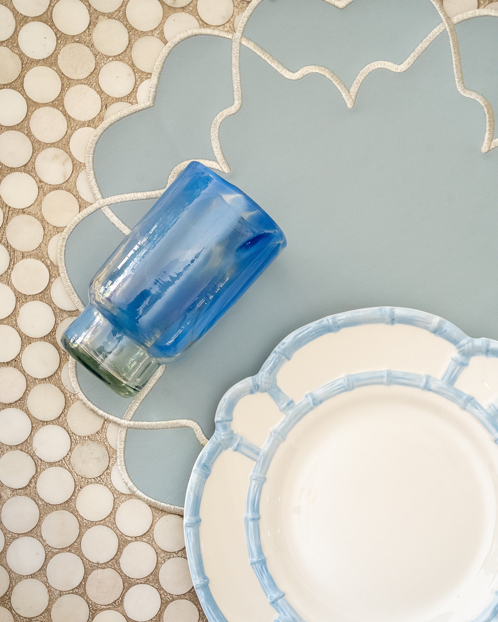 Light Blue & White Crystal Faux Leather Placemat - Set of 6