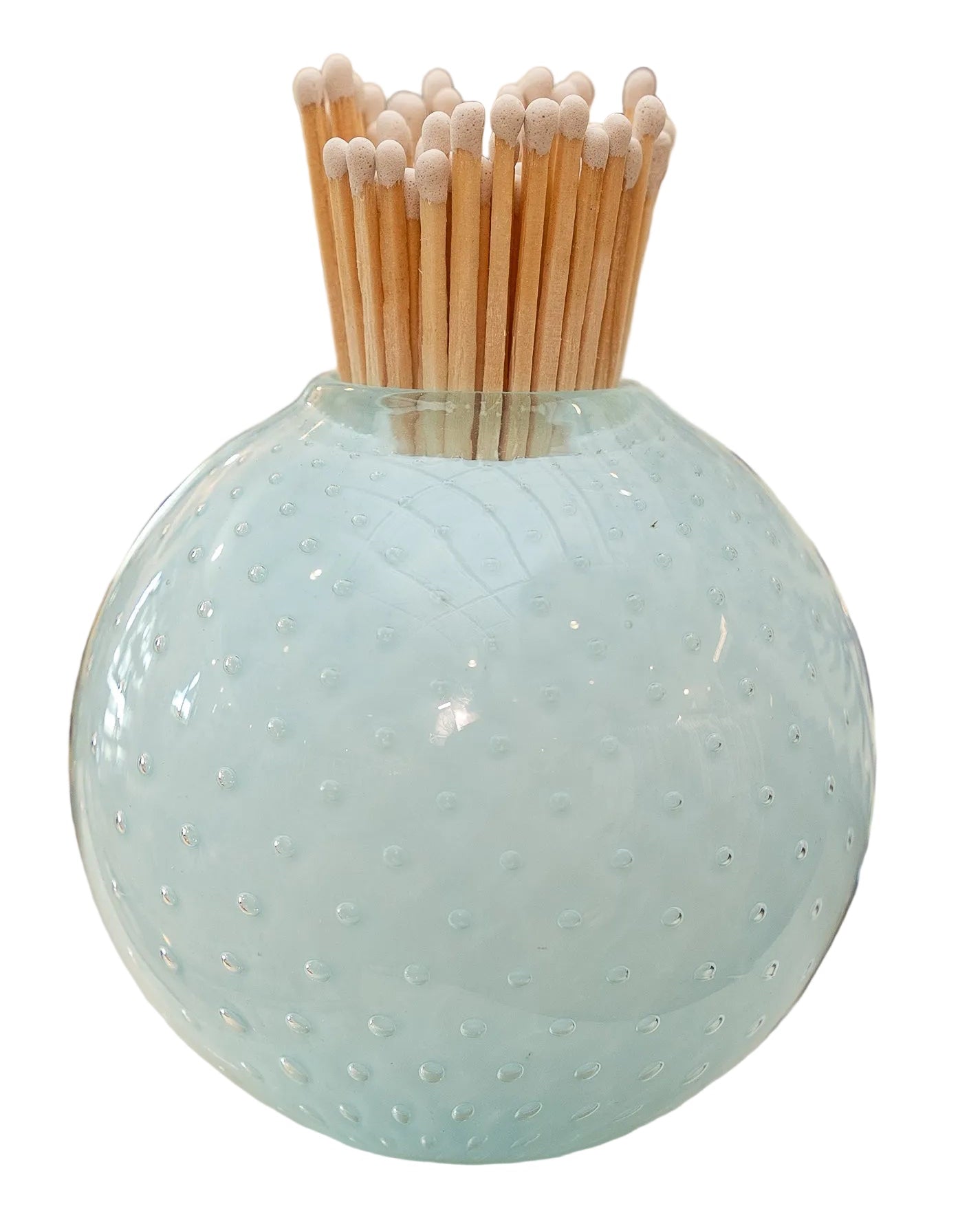 A round, pale aqua glass vase with a textured bubble pattern, filled with wooden matchsticks that have white tips, isolated on a white background.