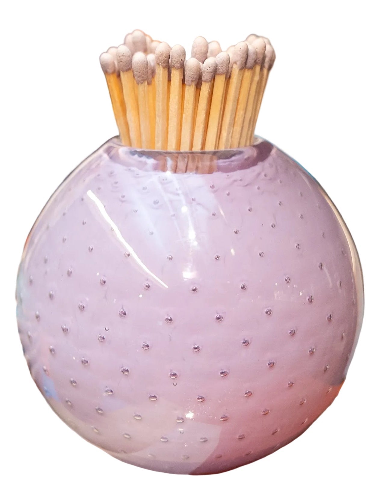 A round, glossy lavender-pink glass match holder with a textured dotted pattern, filled with wooden matches on a white background.