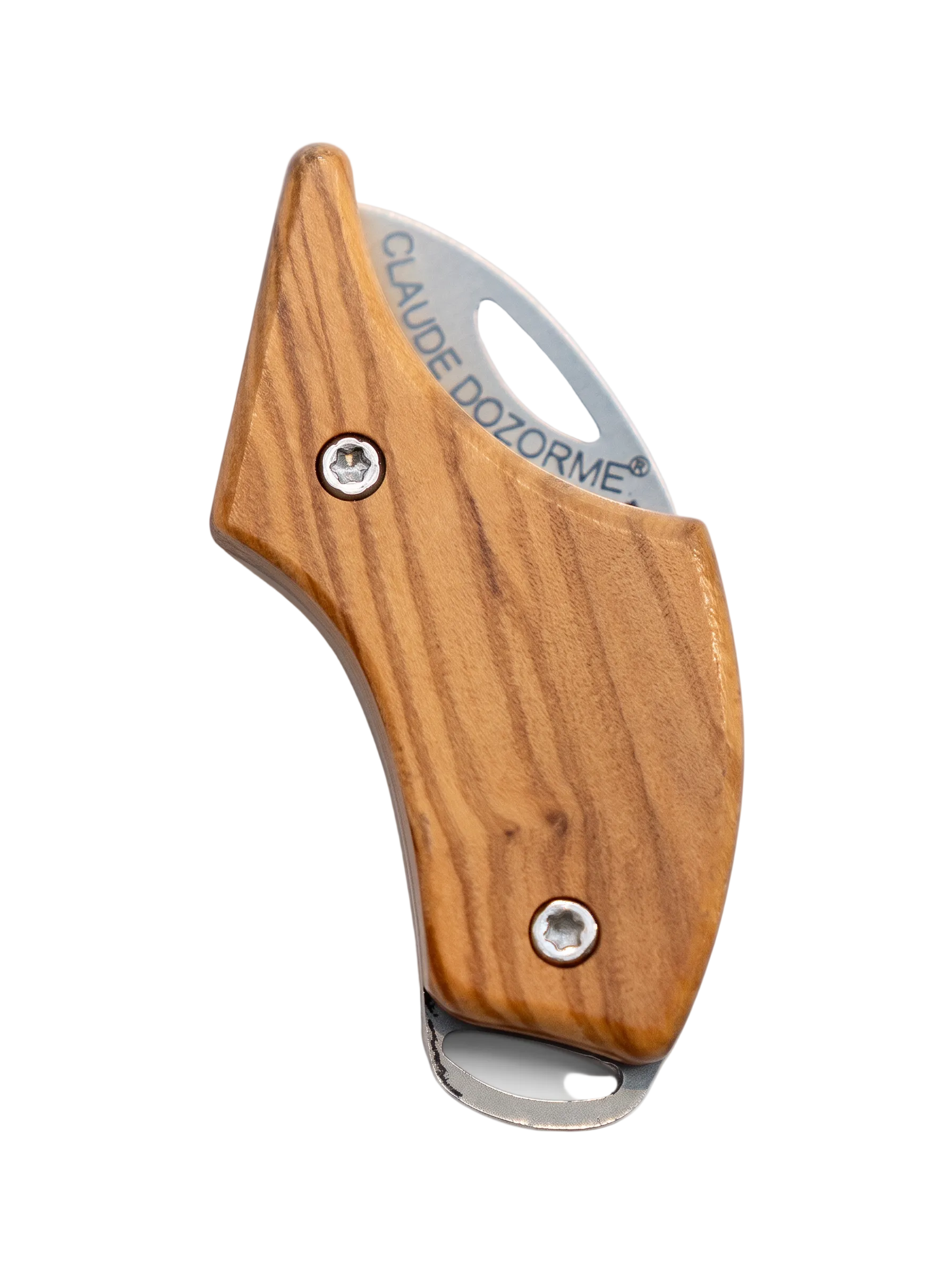 A close-up of a folding pocket knife with a polished wood handle and a silver metal blade, featuring the brand name 'CLAUDE DOZORME' printed on the blade.