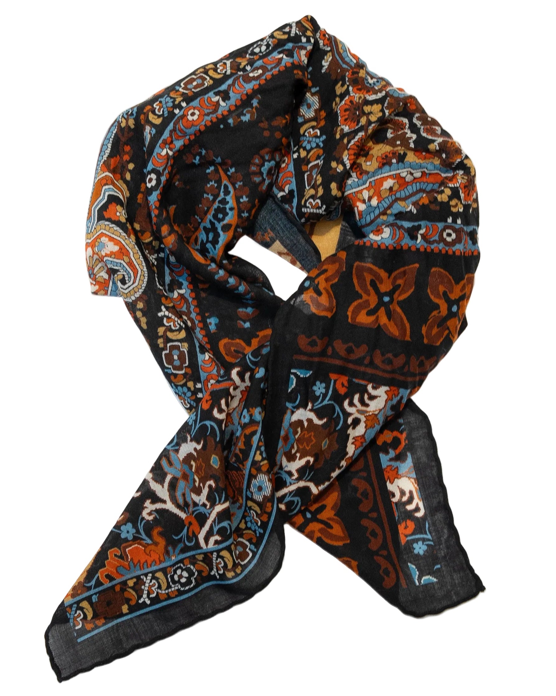 Patterned scarf with a mix of colors on a white background