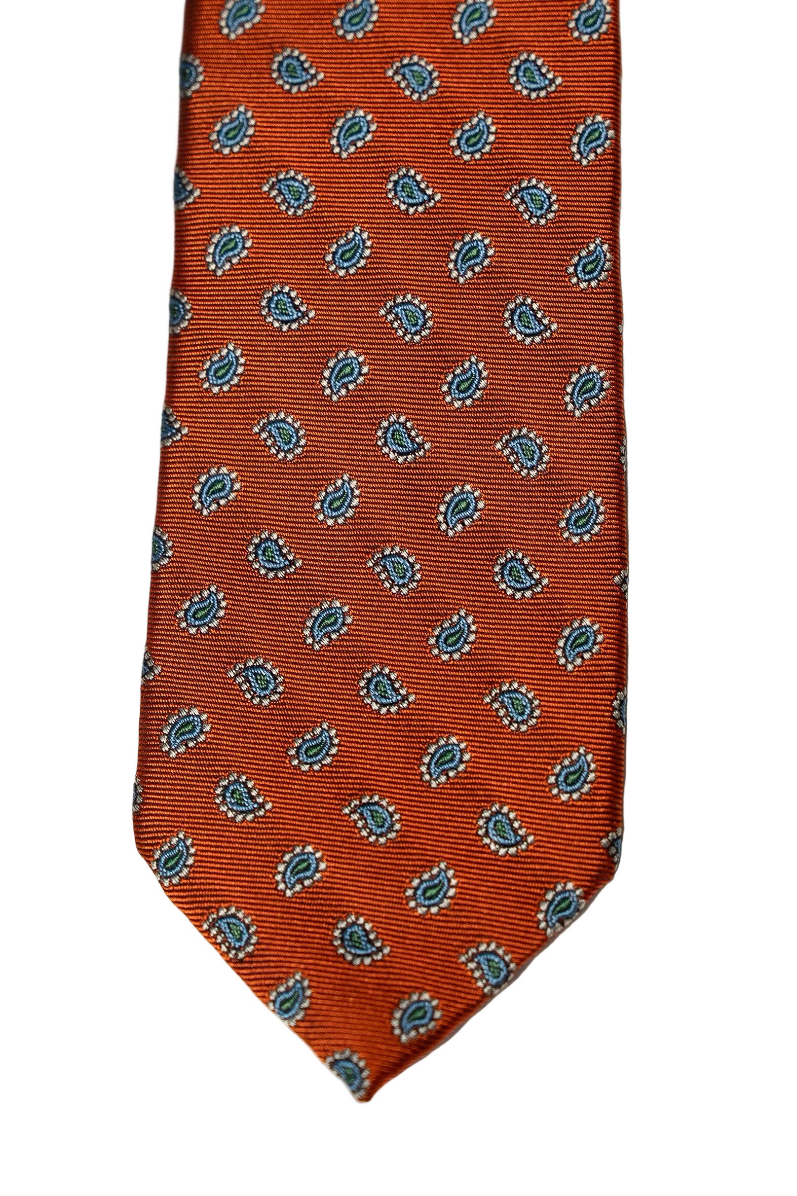 Orange tie with blue pattern on a white background