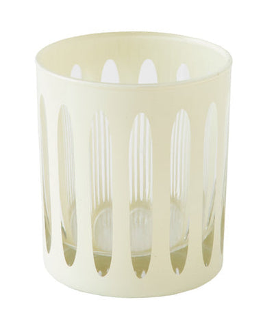 Cylindrical candle holder with cut-out design on a white background