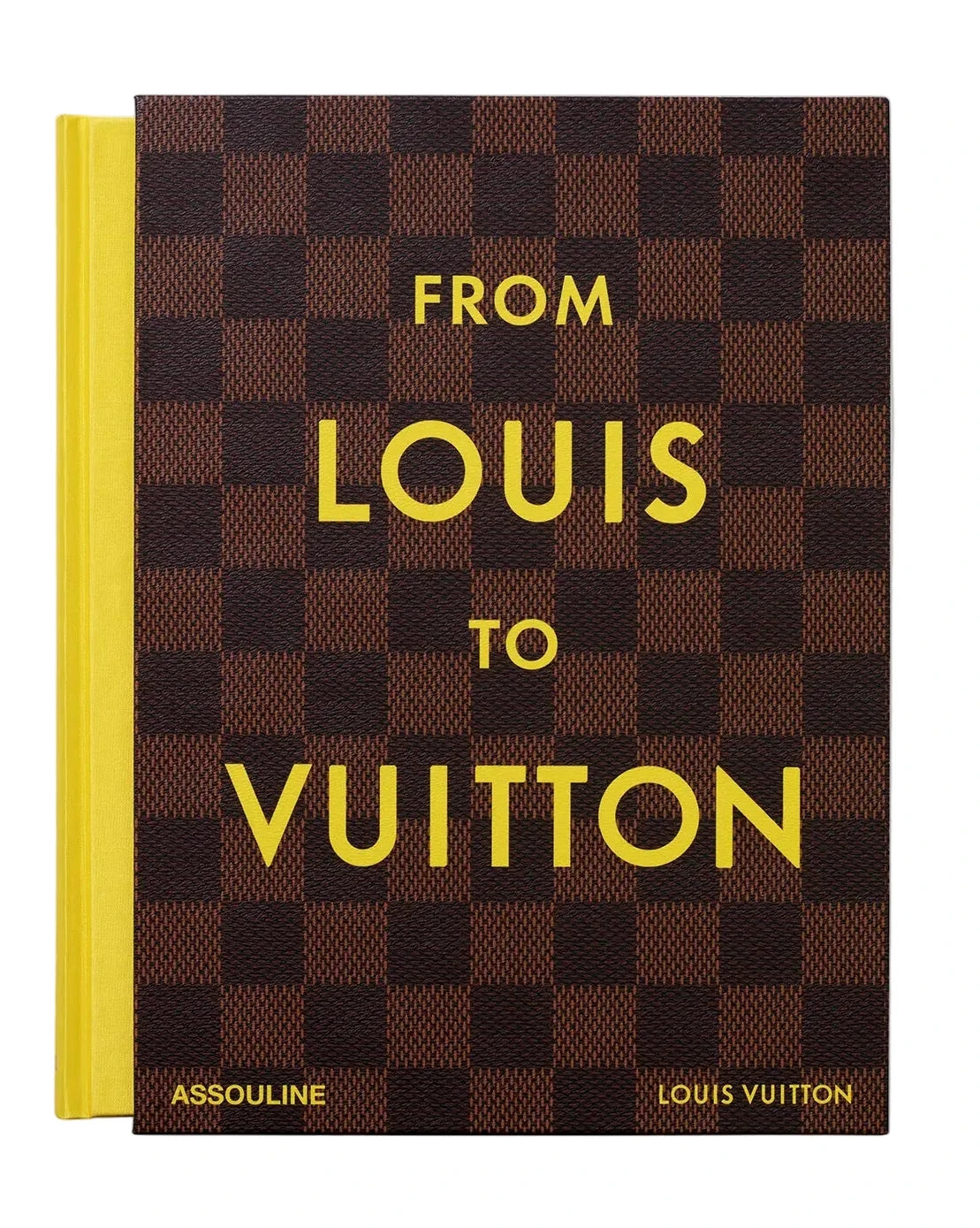 Book titled 'From Louis to Vuitton' with checkered design and yellow text on a white background