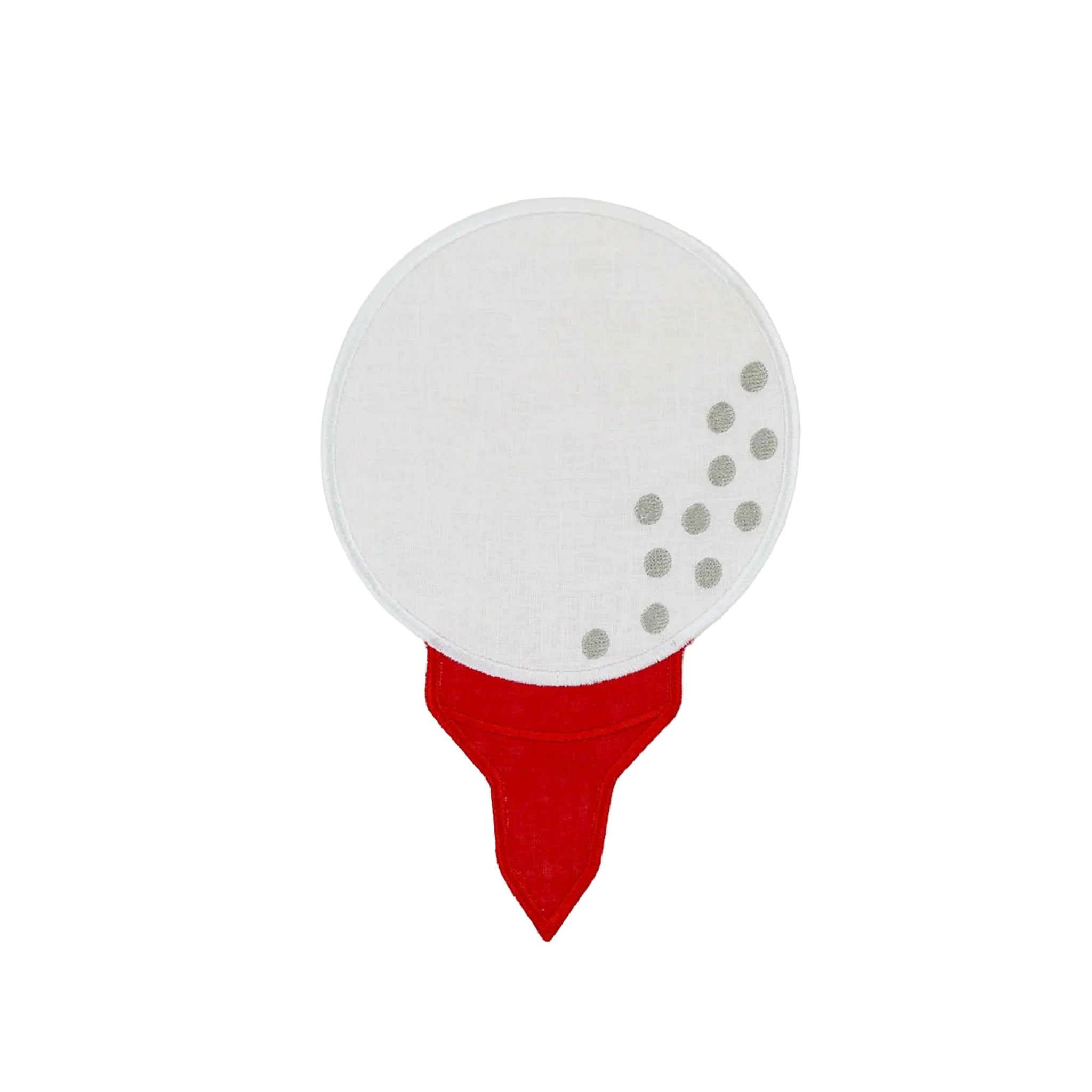 Golf ball cocktail napkin with red tee on a white background