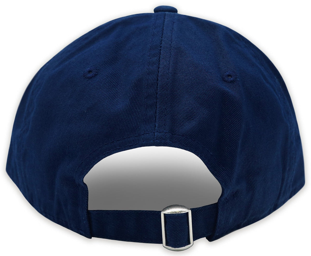 Back of navy needlepoint hat with nickel slide closure