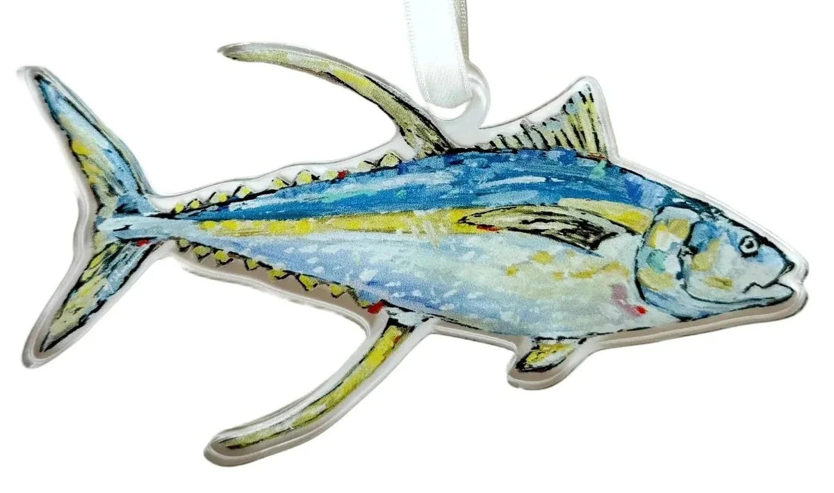 Decorative fish ornament with a ribbon on a white background