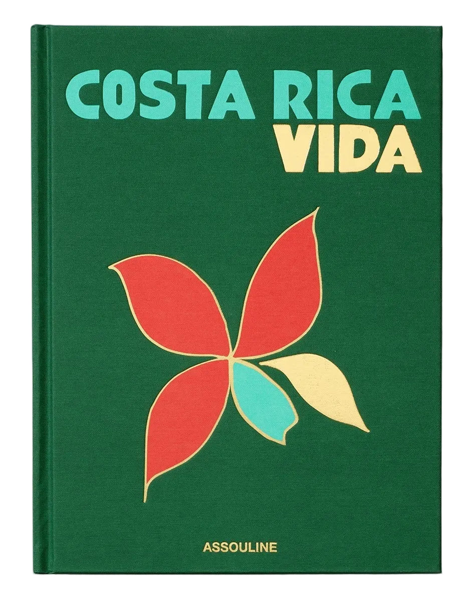 A hardcover book titled 'Costa Rica Vida' by Assouline, featuring a dark green cover with a stylized red, yellow, and teal flower graphic and bold text.