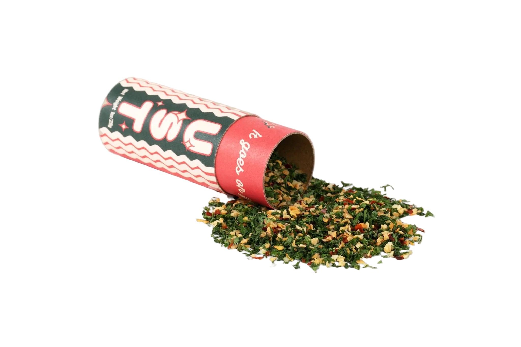 Spice container with spilled contents on a beige background