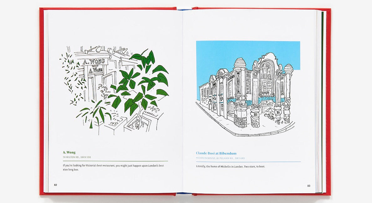 Open book showing illustrations of a plant and a cityscape on a white background