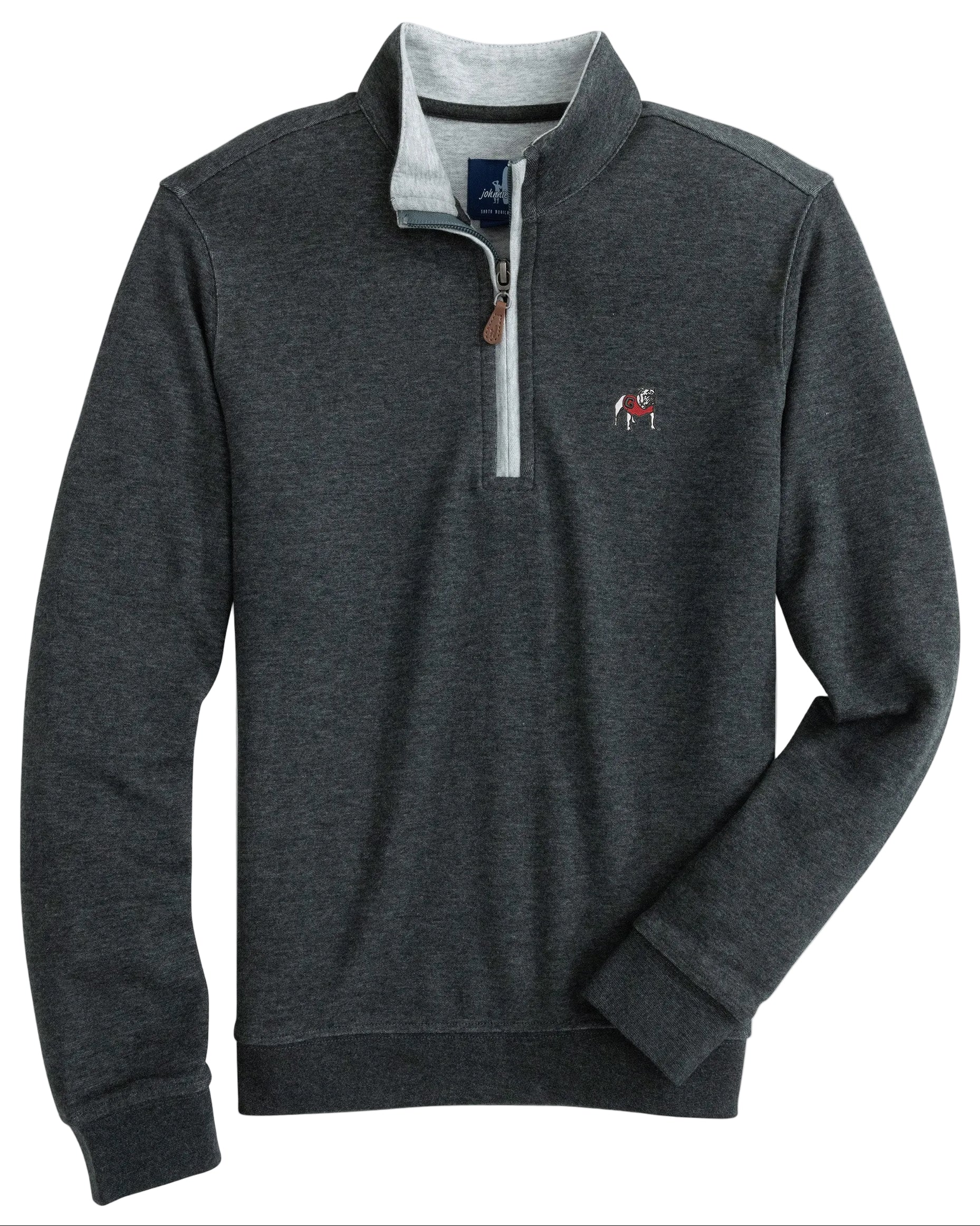 A heather black 1/4 zip pullover with a contrasting white collar, a banded bottom, and a leather puller. It features a small embroidered logo at the center back yoke.