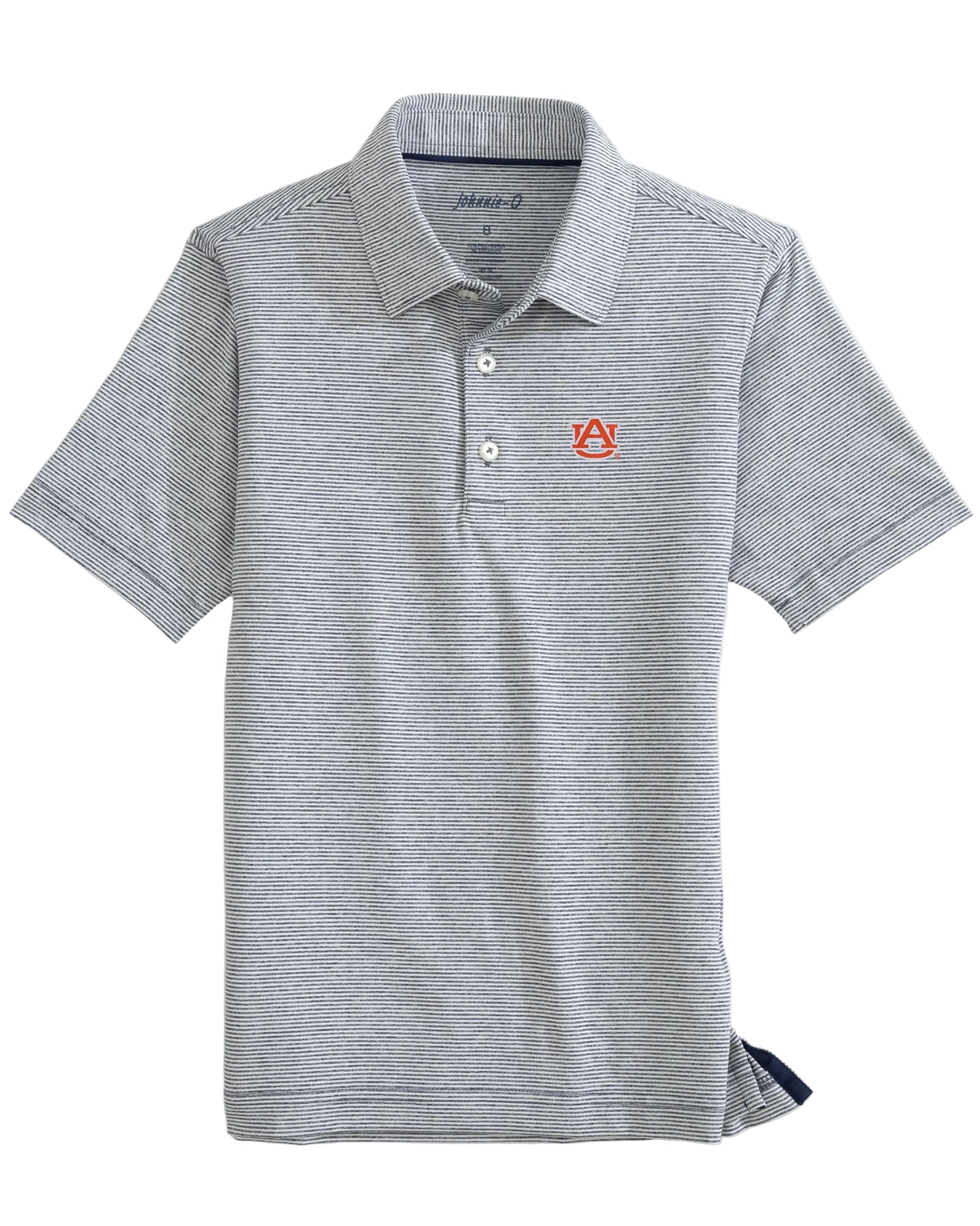 A gray Johnnie-O boys polo with an embroidered logo at the back neck, displayed on a plain background.