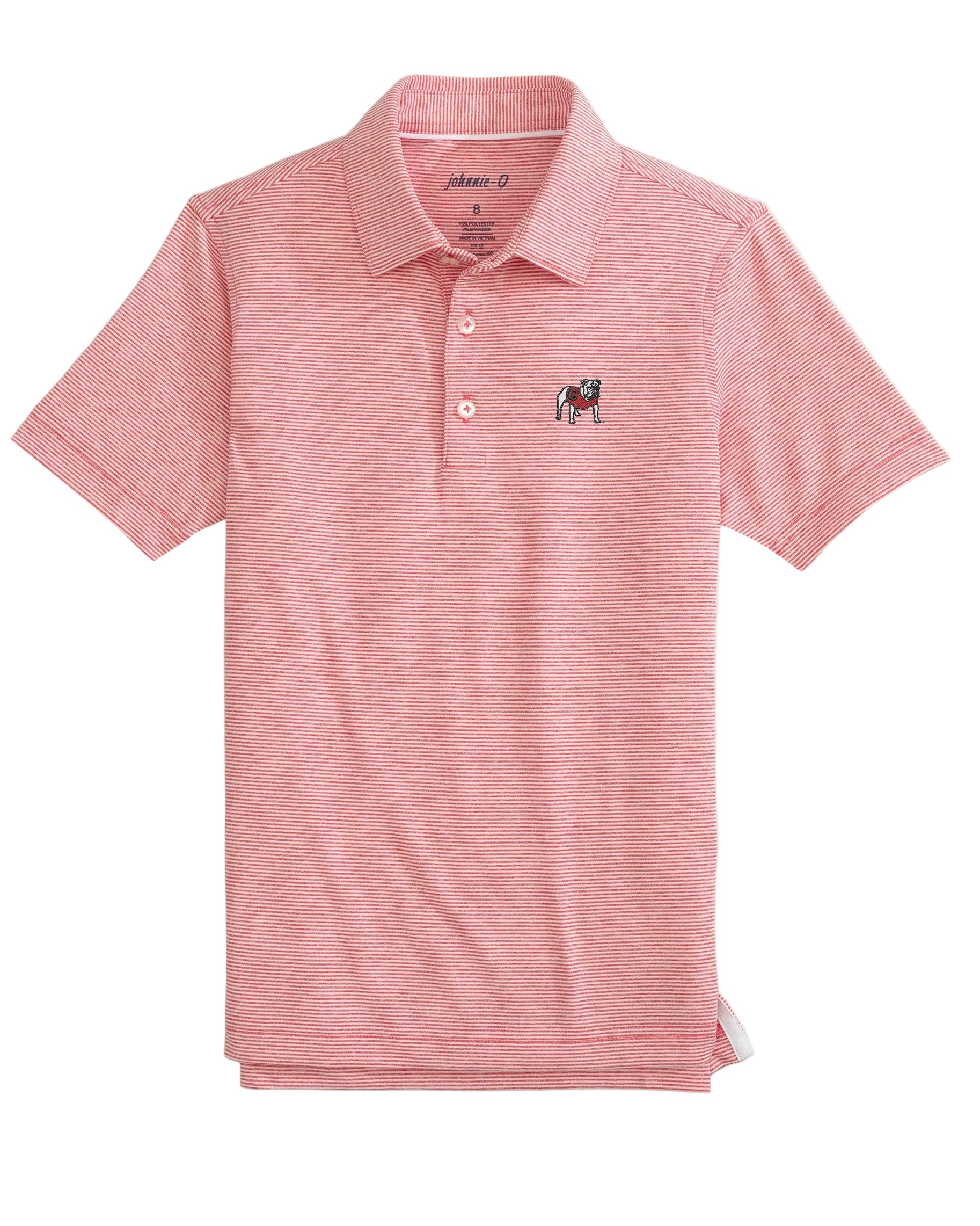 A pink polo shirt with a collar, button-up neck, and embroidered logo on the back neck.