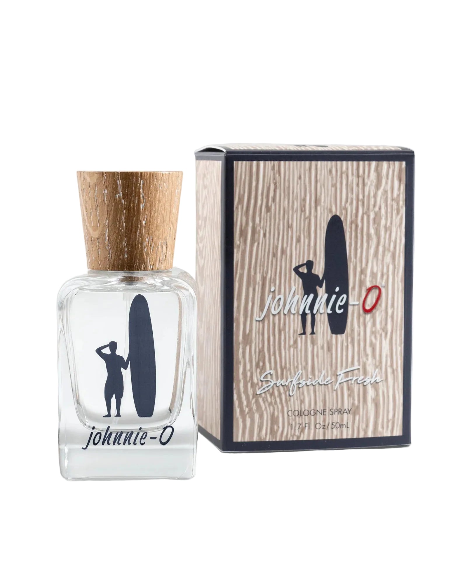 Johnnie-O surfboard-themed cologne bottle and packaging on a light gray background