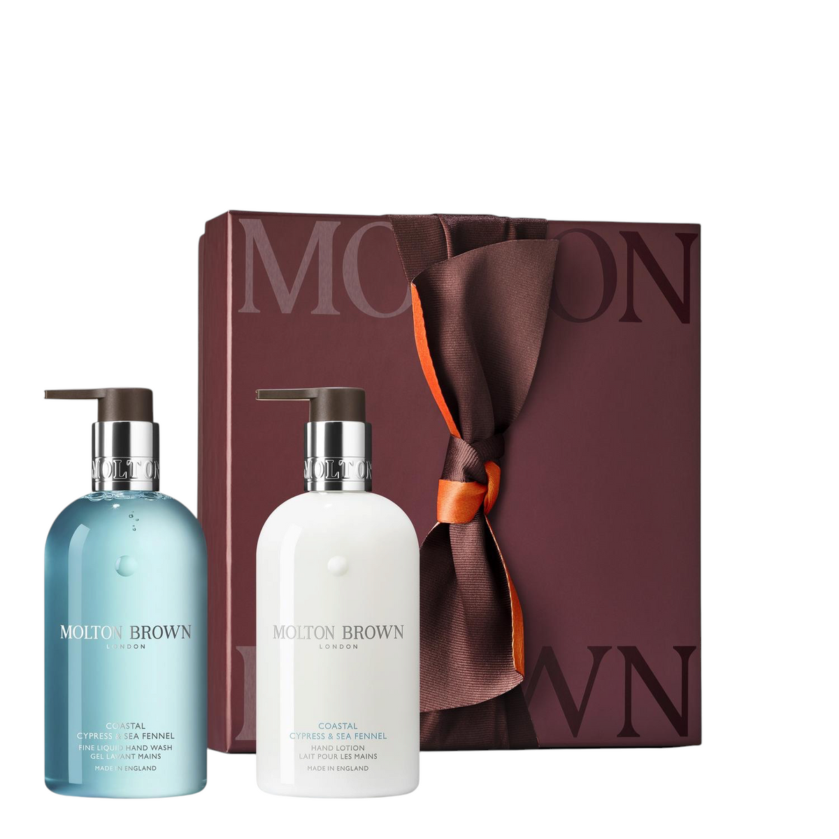 Miller Collective Coastal Cypress & Sea Fennel hand wash and lotion gift set with pump bottles and brown gift box