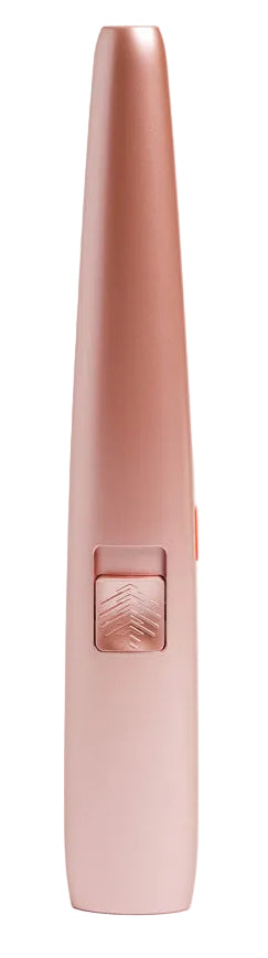 A slim, metallic rose gold electronic device, possibly a vape pen or battery, standing vertically against a clean white background.