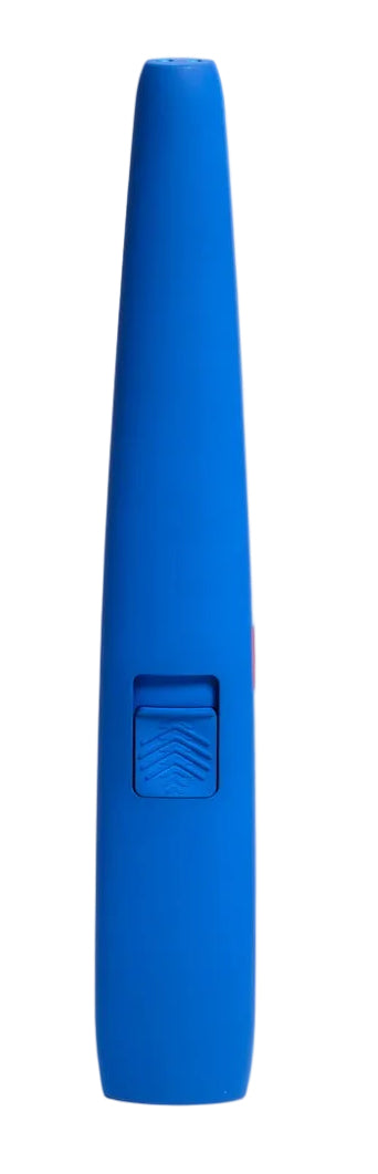 A bright blue, slim-shaped electronic device with a textured rectangular button, standing upright on a clean white background.