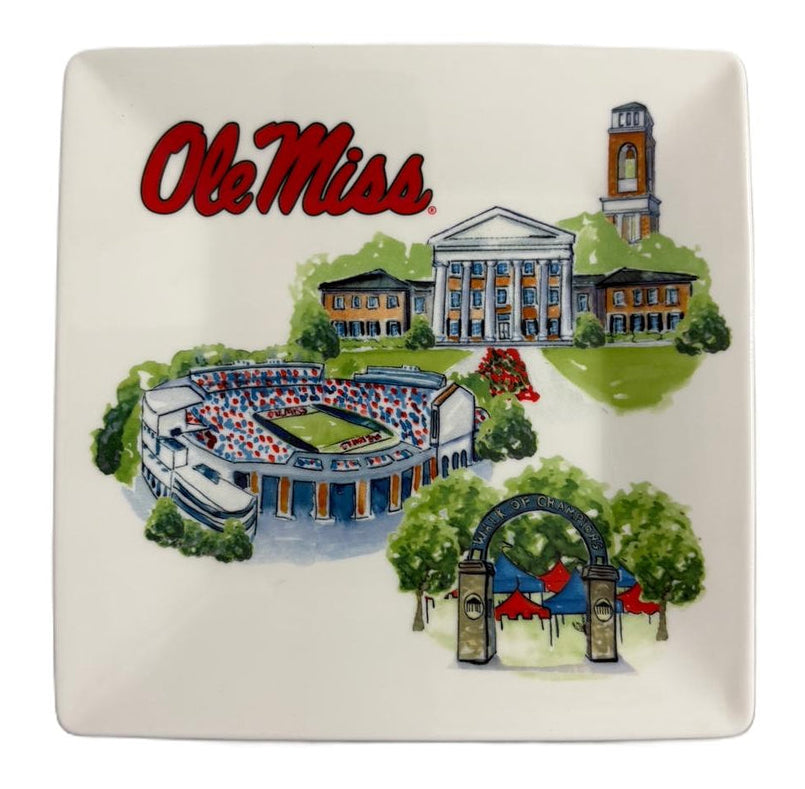 A square white ceramic plate featuring a colorful painted illustration of Ole Miss landmarks, including the stadium, library, and gate, with 'Ole Miss' written in red script at the top.