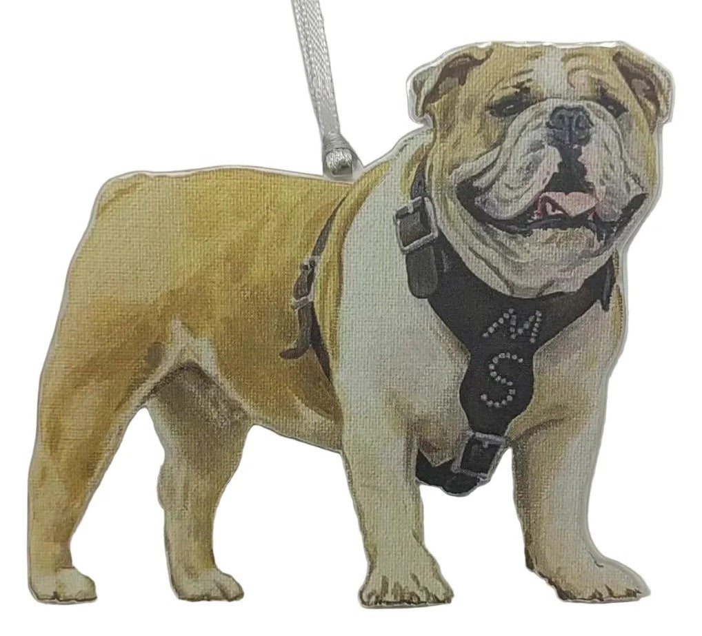 A die-cut Christmas ornament shaped like a bulldog wearing a black harness with 'MS' lettering, hanging from a silver ribbon on a plain white background. mississippi state ornament