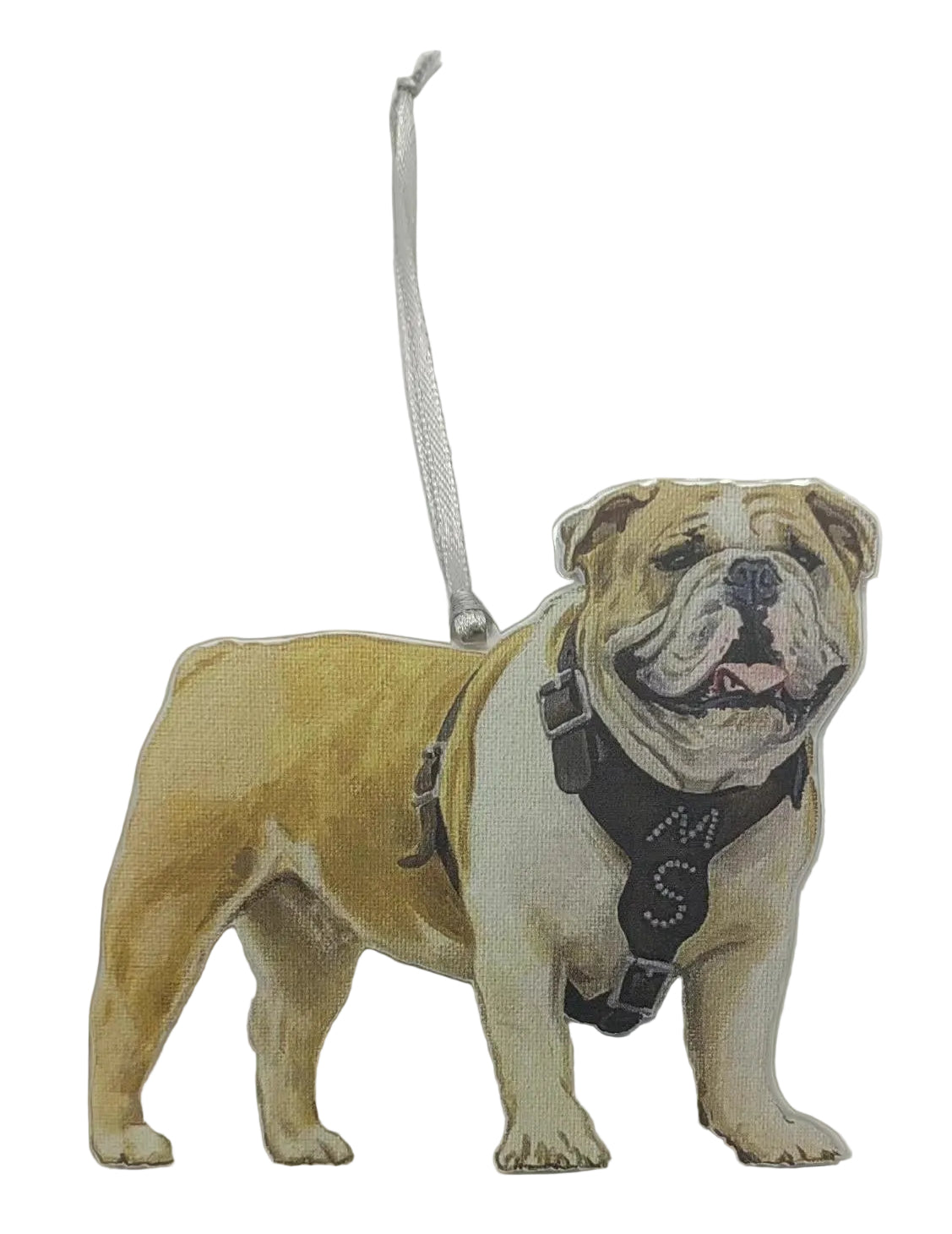 A die-cut Christmas ornament shaped like a bulldog wearing a black harness with 'MS' lettering, hanging from a silver ribbon on a plain white background. mississippi state ornament