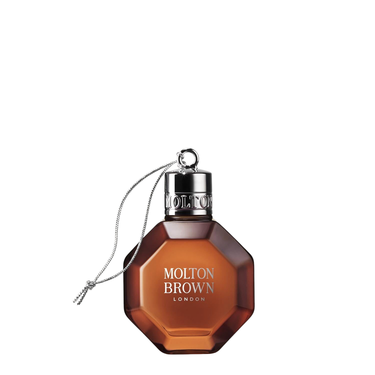 Miller Collective Molton Brown Re-Charge Black Pepper bath and shower gel in a festive bauble bottle with silver cord.