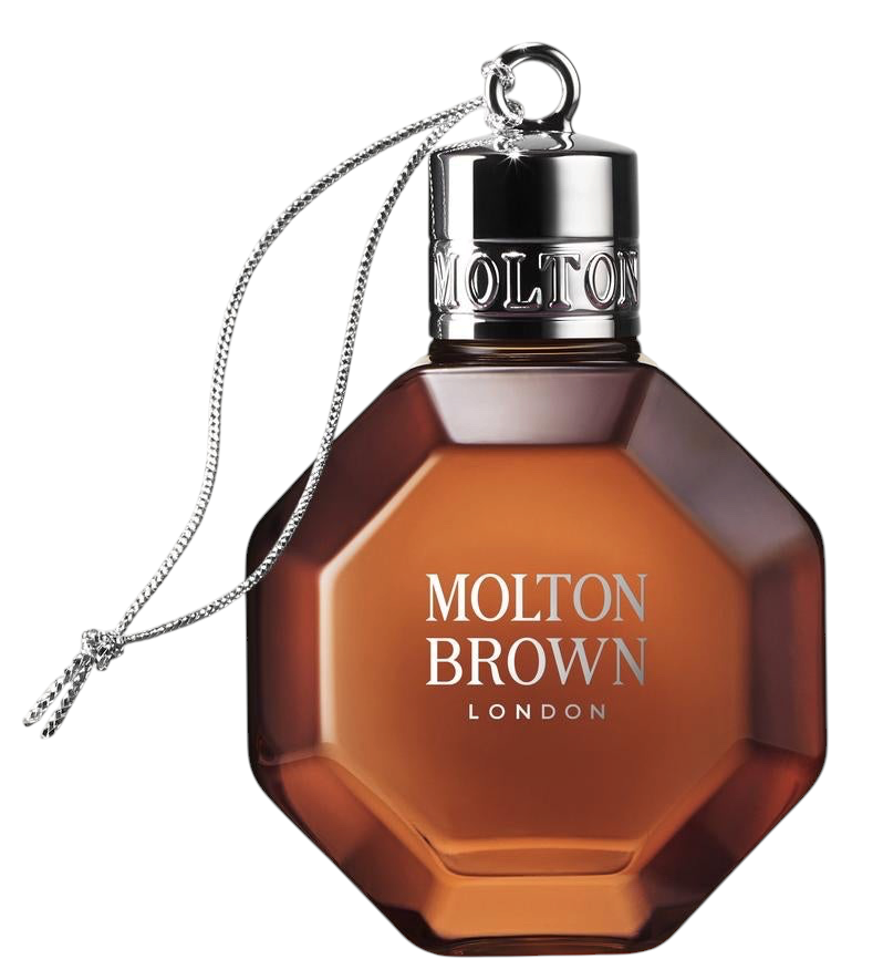 Miller Collective Molton Brown Re-Charge Black Pepper bath and shower gel in a festive bauble bottle with silver cord.