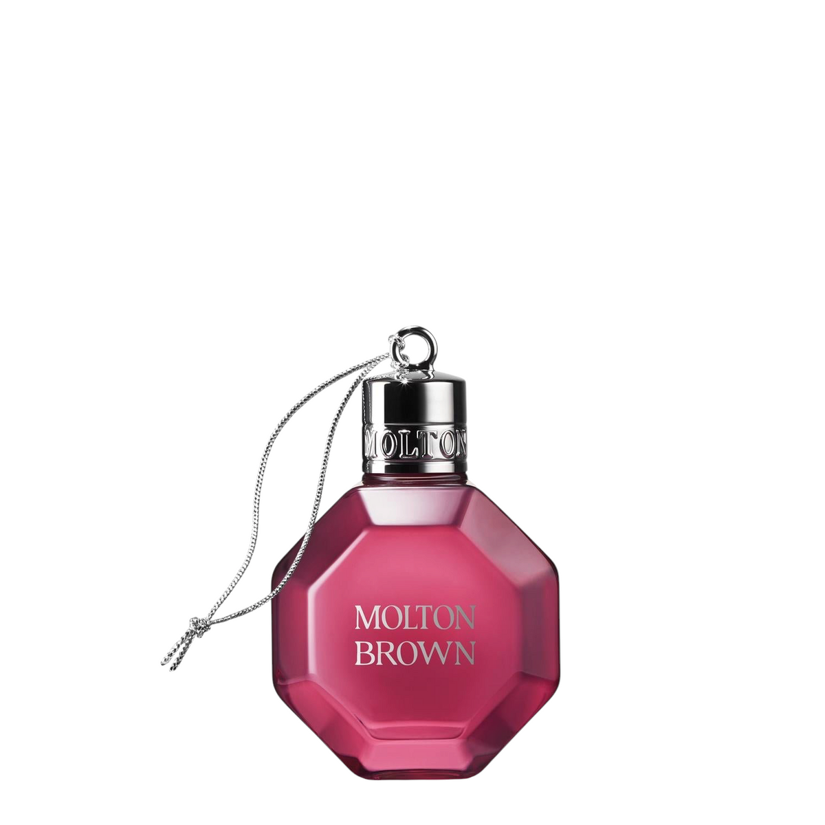 Miller Collective Fiery Pink Pepper bath and shower gel in a festive pink bauble bottle with a silver hanging cord.