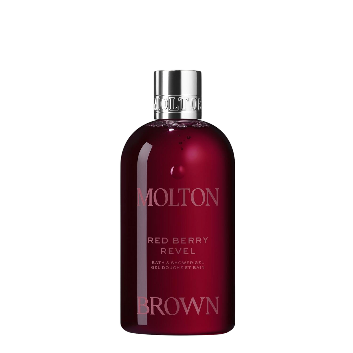 Miller Collective Red Berry Revel bath and shower gel in a deep red 300ml bottle with a silver cap.