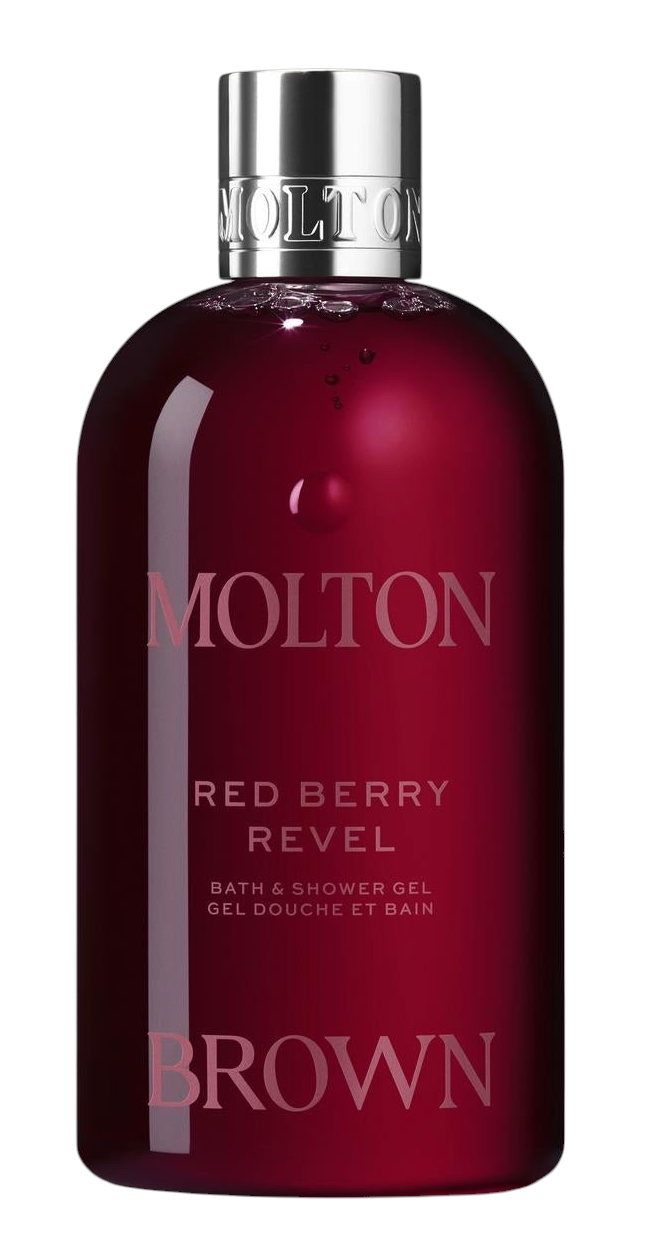 Miller Collective Red Berry Revel bath and shower gel in a deep red 300ml bottle with a silver cap.