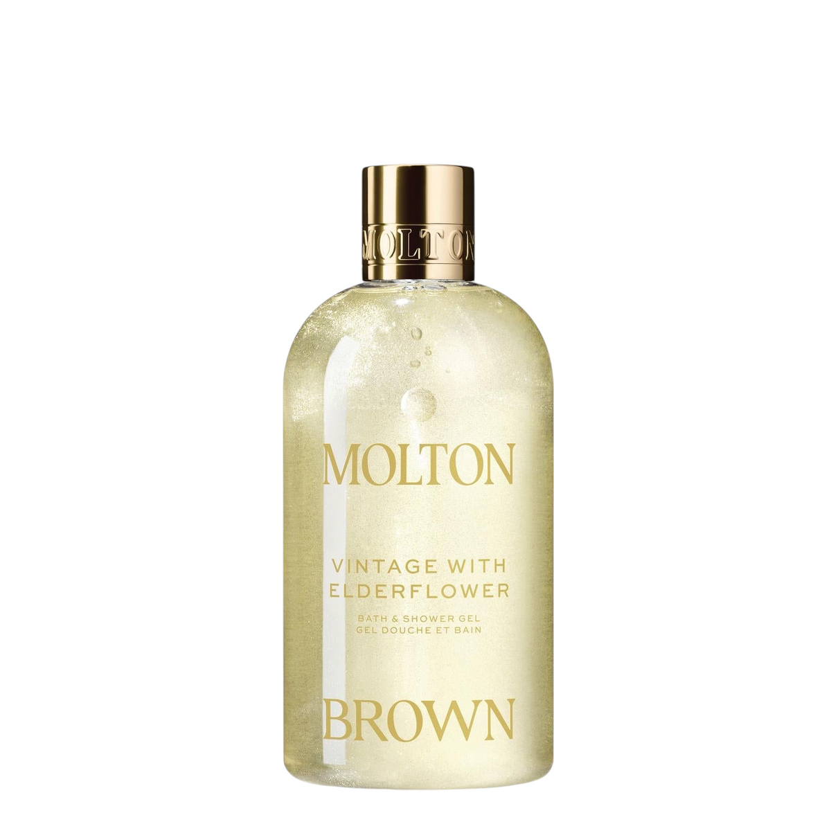 Miller Collective Vintage with Elderflower bath and shower gel in a 300ml bottle with gold cap and shimmering liquid