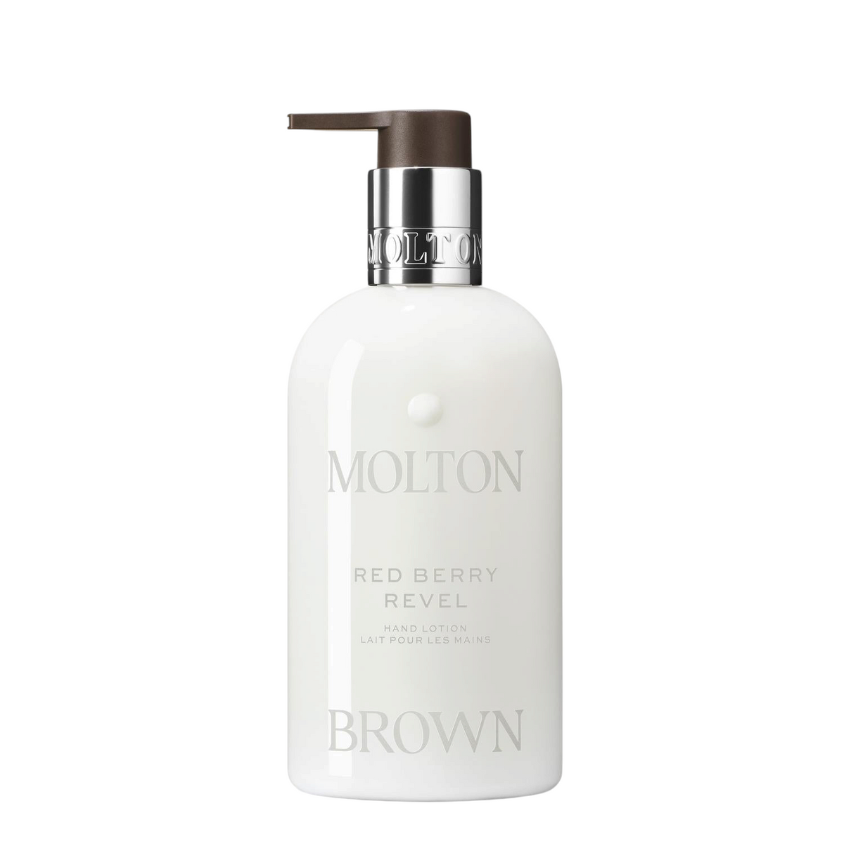 Miller Collective Red Berry Revel hand lotion in a 300ml white bottle with a brown pump dispenser.
