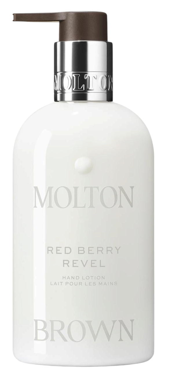 Miller Collective Red Berry Revel hand lotion in a 300ml white bottle with a brown pump dispenser.