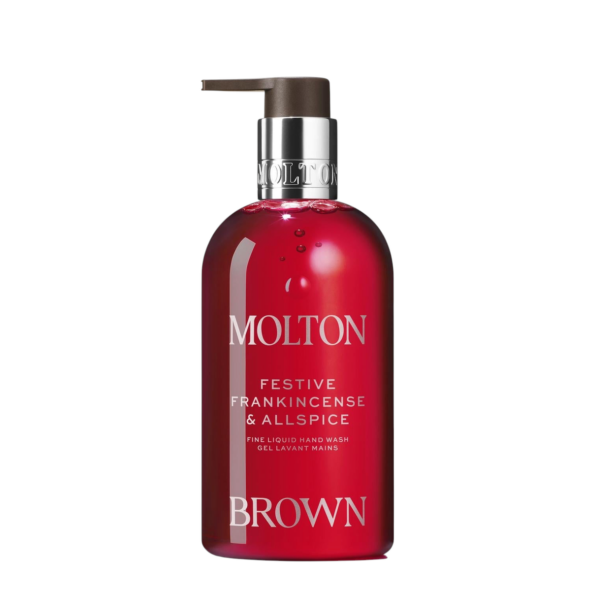 Miller Collective Frankincense & Allspice liquid hand wash in a red 300ml bottle with a pump dispenser.