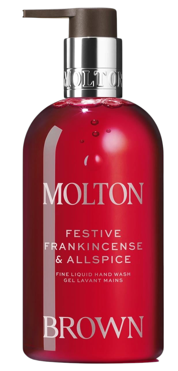 Miller Collective Frankincense & Allspice liquid hand wash in a red 300ml bottle with a pump dispenser.
