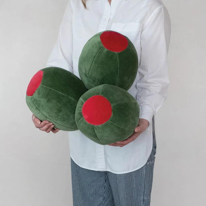 Cotton Velvet Olive Shaped Pillow, Green & Red