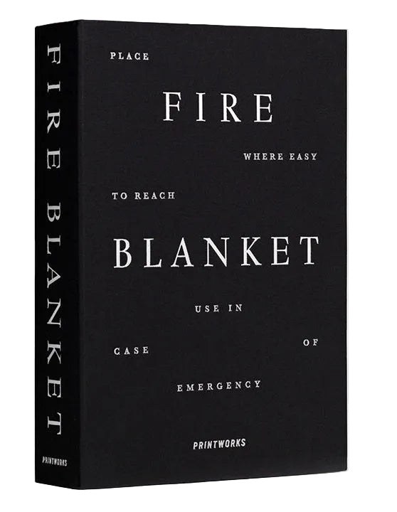 Black fire blanket packaging with white text on a white background
