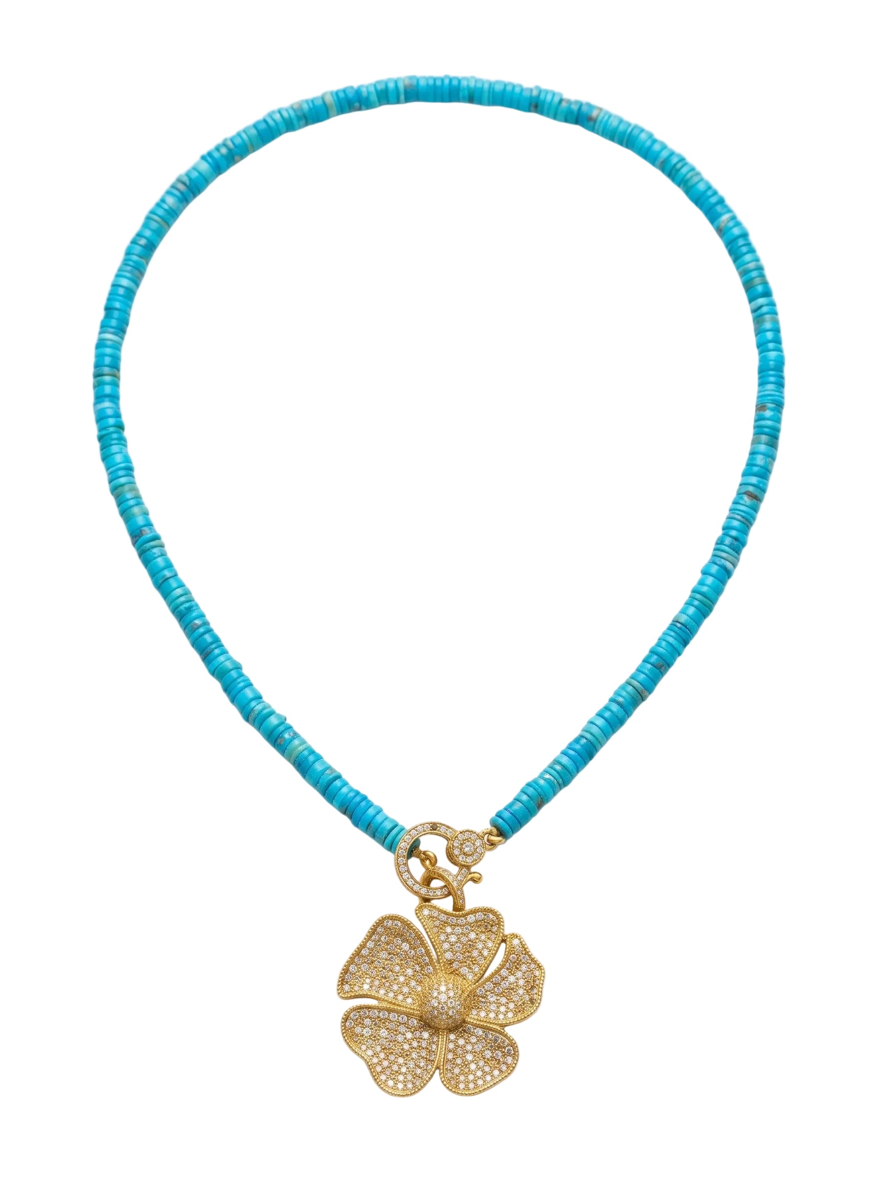 A turquoise beaded necklace with a gold flower-shaped pendant paved with small clear stones, shown on a plain white background.