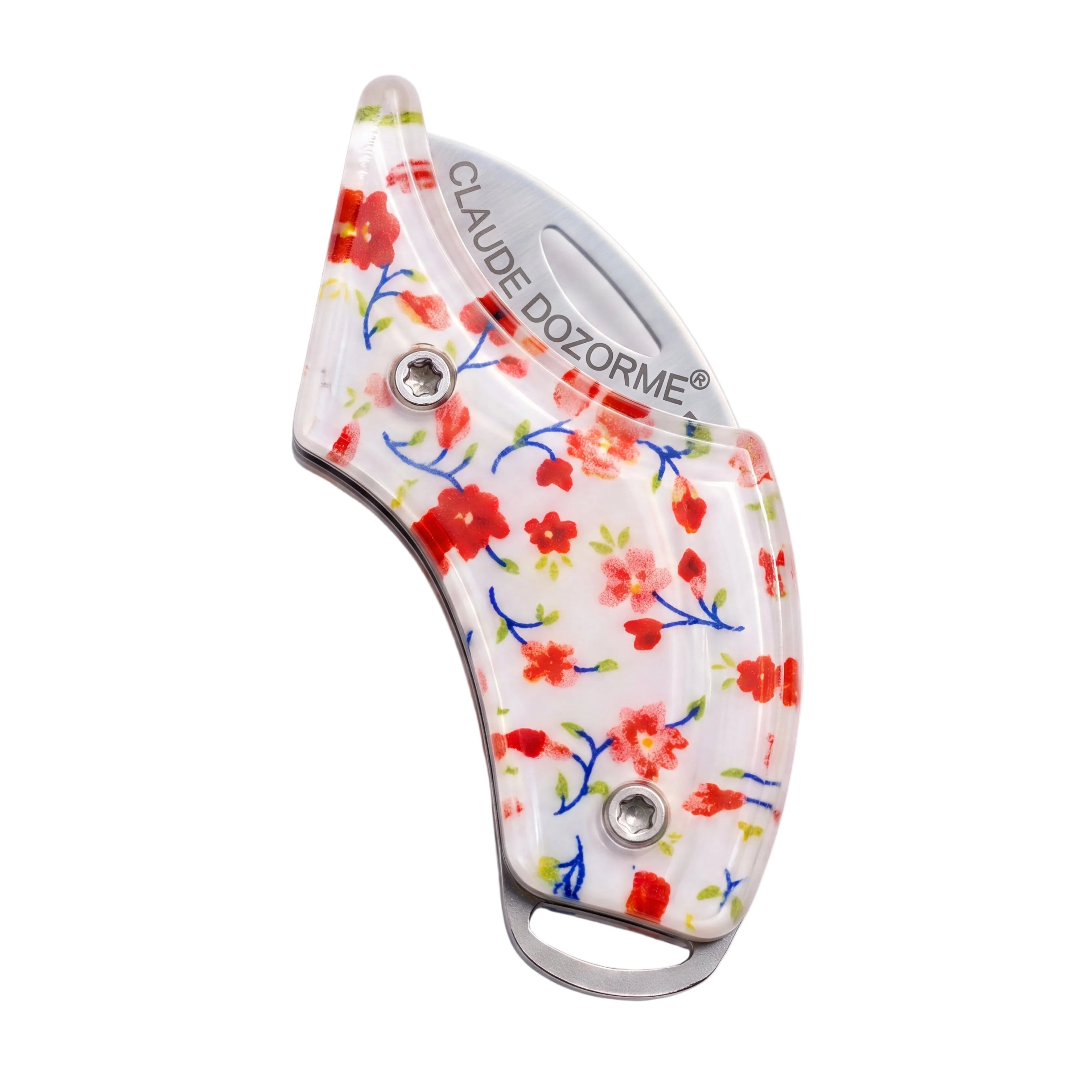 A pocket knife with a white handle decorated with a red and blue floral pattern, featuring a silver metal clip and the brand name 'CLAUDIE DOZORME' printed on it.