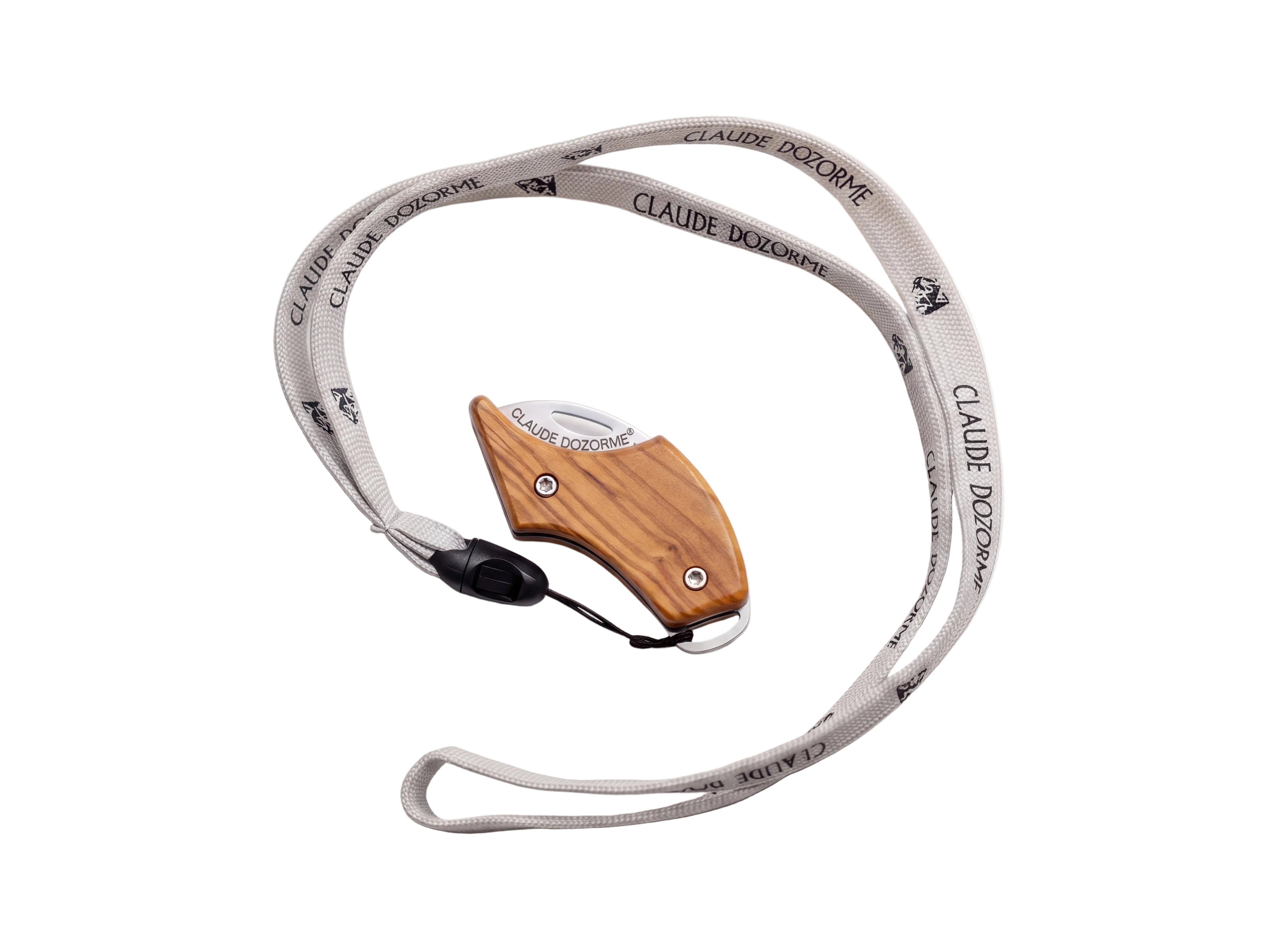 A folding olive wood pocket knife with a silver metal blade, attached to a light gray webbed lanyard printed with the brand name 'CLAUDE DOZORME'.
