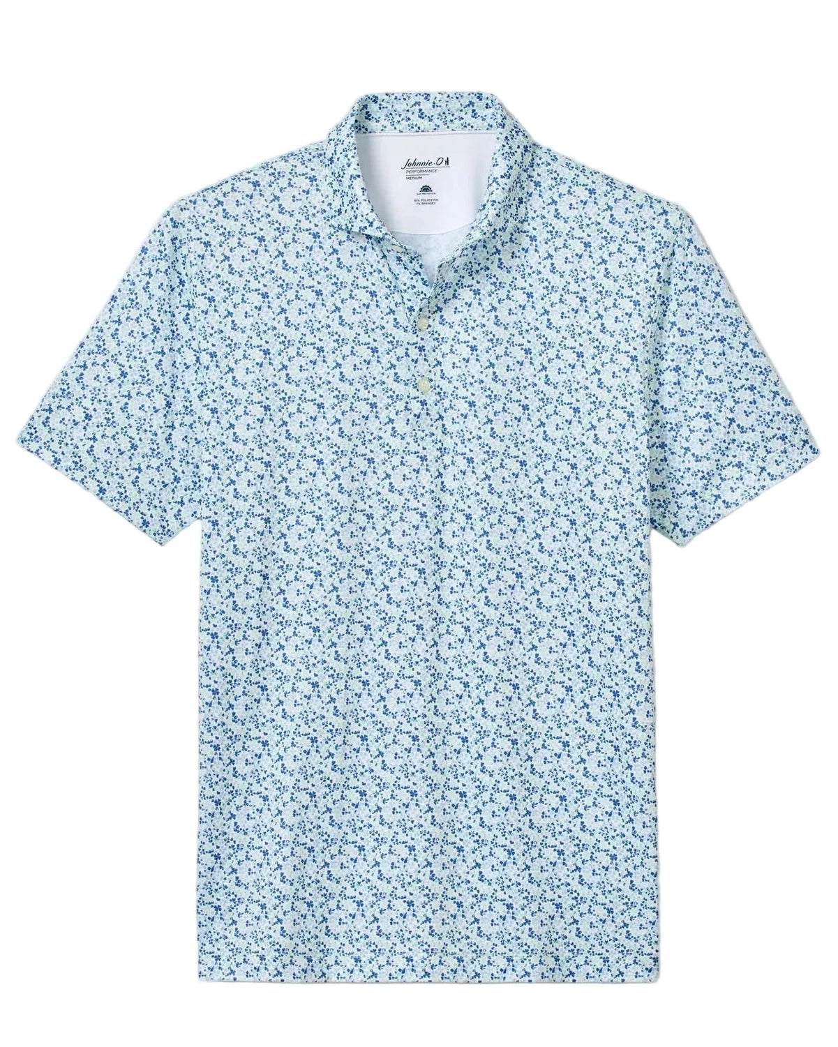 Short-sleeve shirt with a light blue floral pattern on a white background